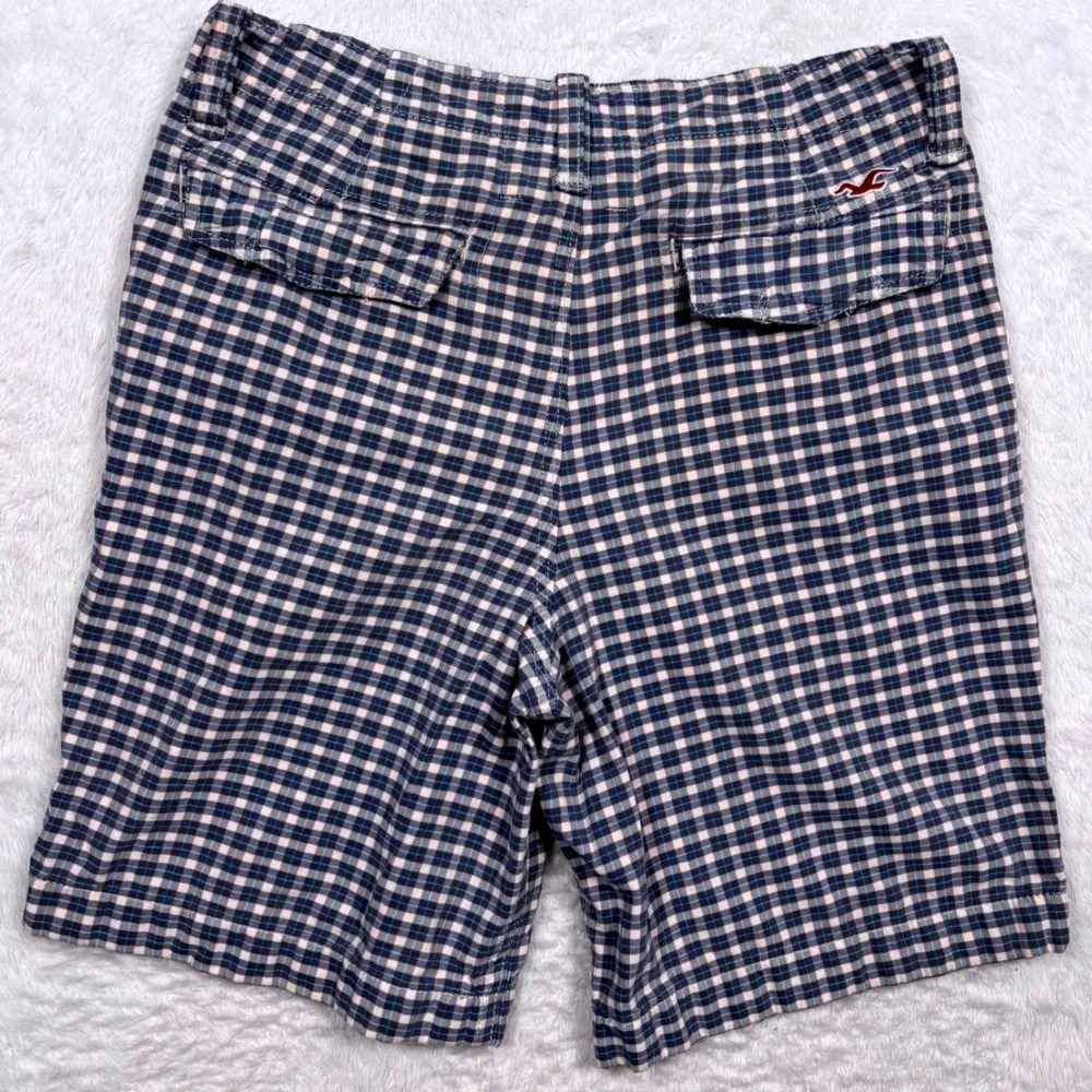 Y2K Hollister Button Fly Chino Shorts Mens 32 Blue Gingham Check Coastal Seagull